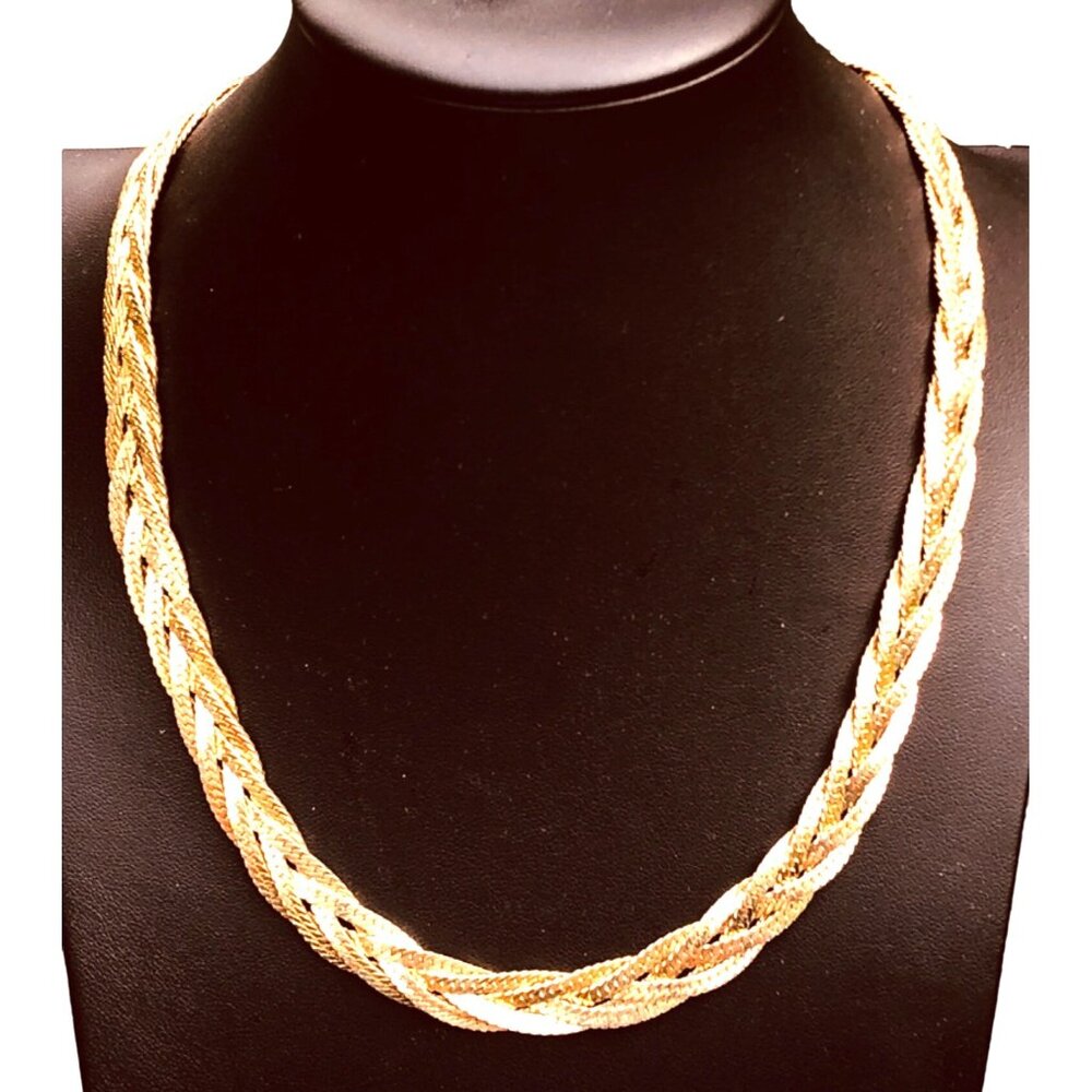Vintage Four Strand Braided Flat Chain Necklace in Gold Tone Metal